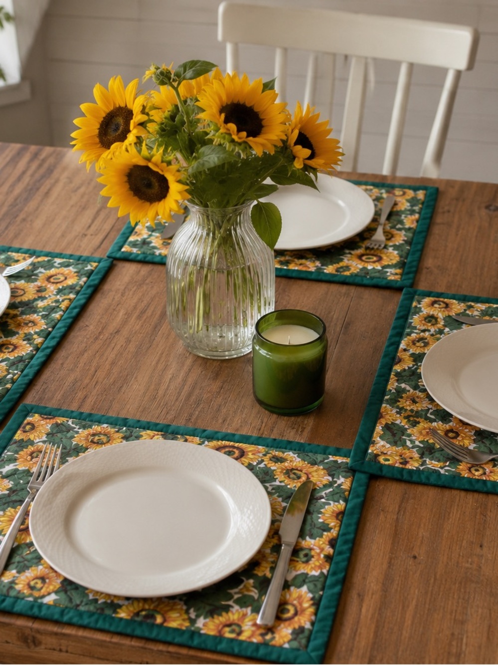 Sunflower Quilted Placemat Set of 4 with Deep Green Border